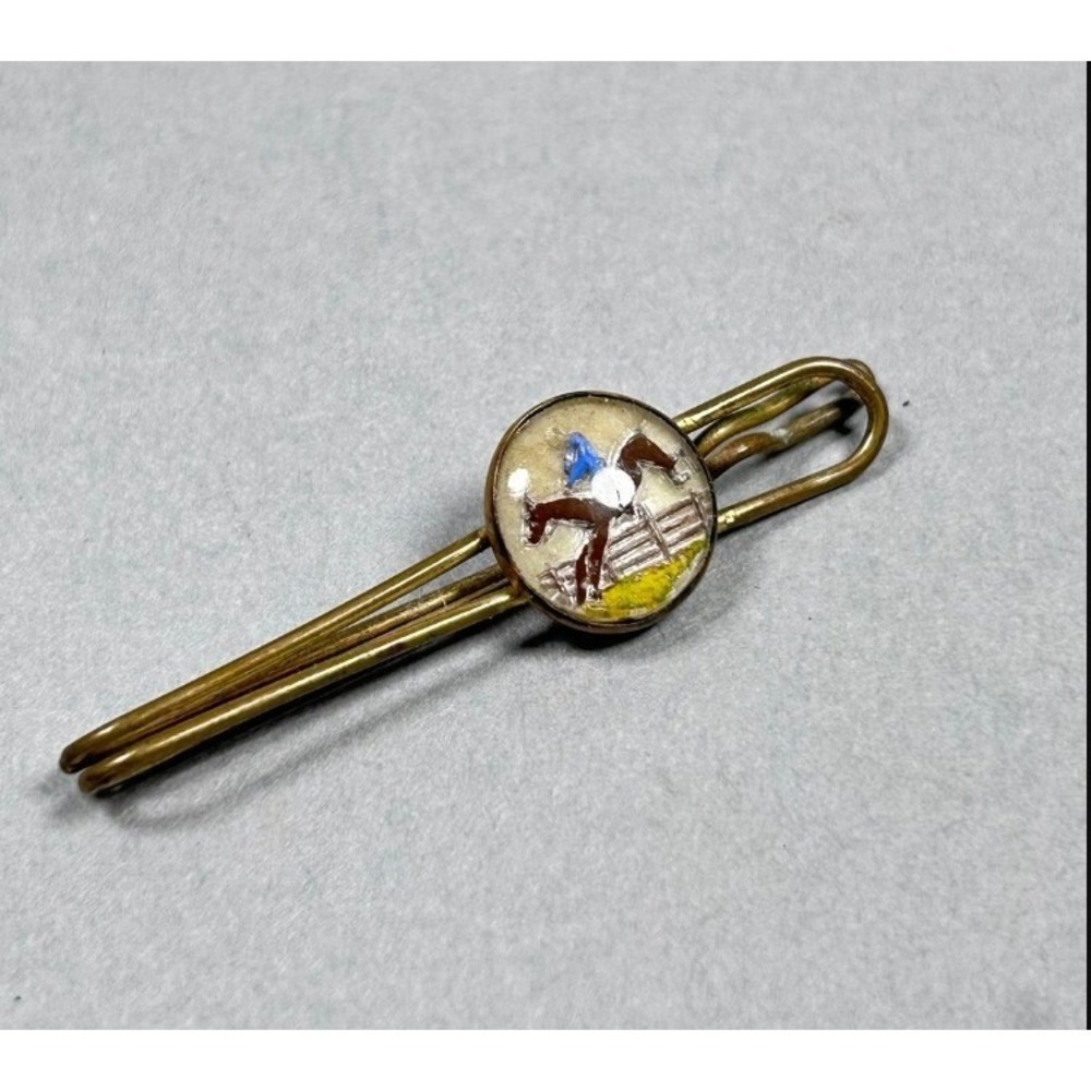 Vintage Brass Horse Jumping Tie Clip Slide Equestrian Western Gold Tone OS